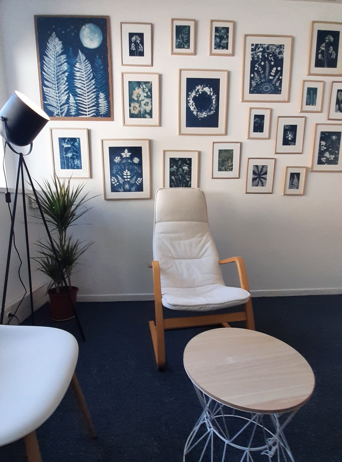 Le cabinet de Gilles Vasseur à Pau, avec mur de cyanotypes encadrés et fauteuil d'accueil
